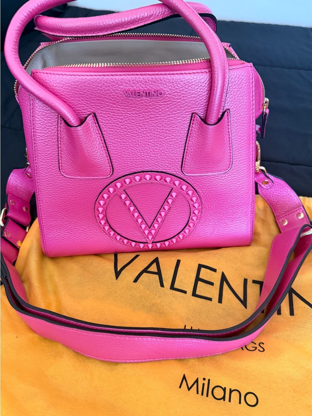Valentino Hot Pink V-Logo Pebbled Leather Satchel